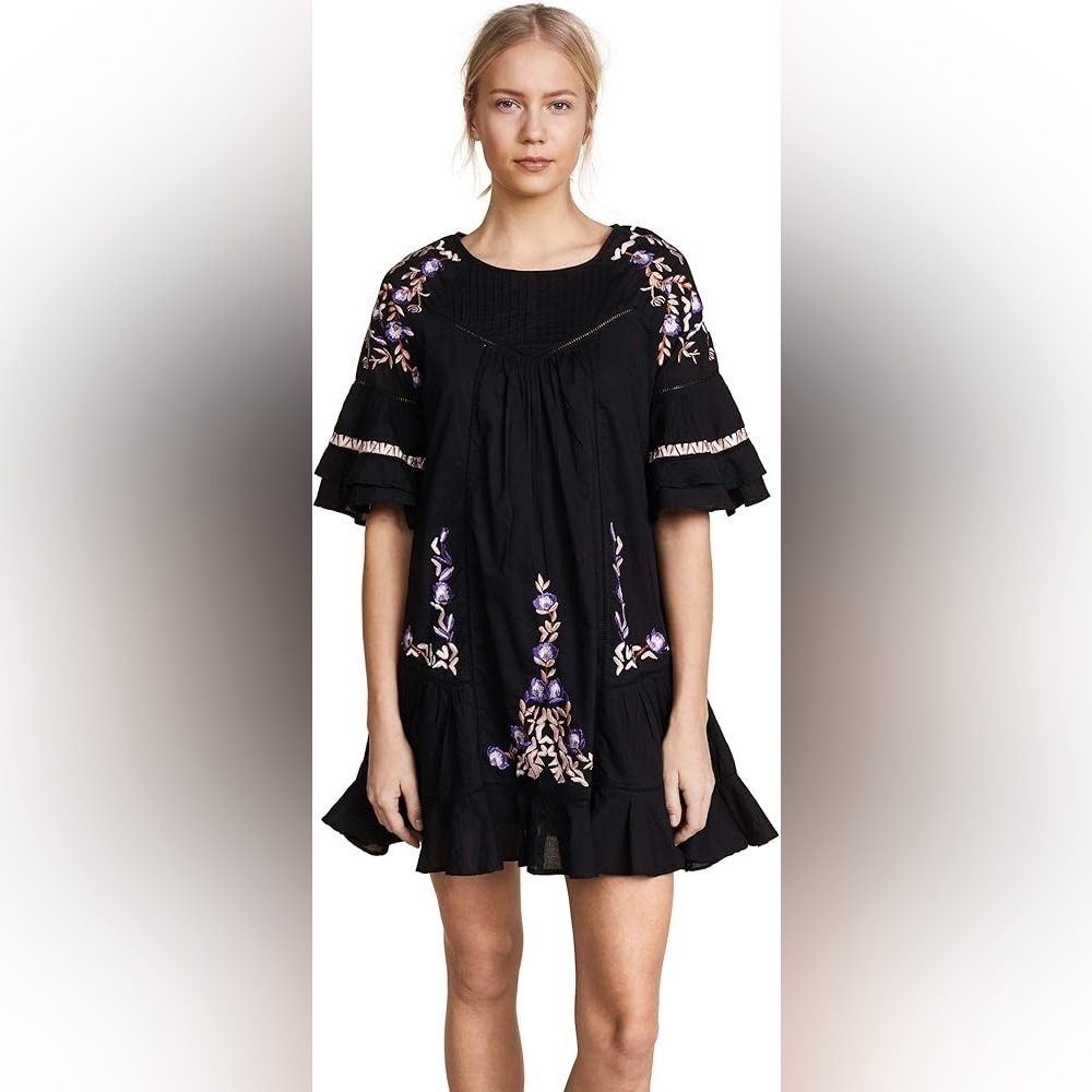 Free People - Pablo Dress - mini 3/4 sleeves, ruffles, embroidery. Black small